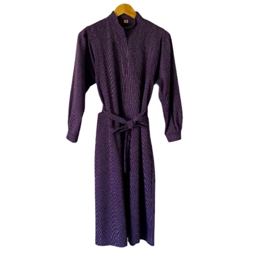 Vintage Long Belted Purple Striped Mock Neck Dress